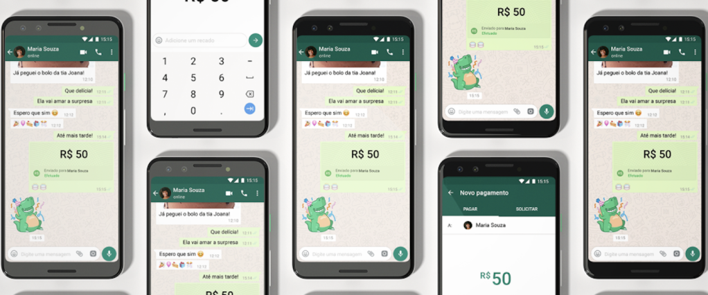 Pagamento pelo WhatsApp: ilustração digital de diversos celular, um ao lado do outro, com o WhatsApp aberto