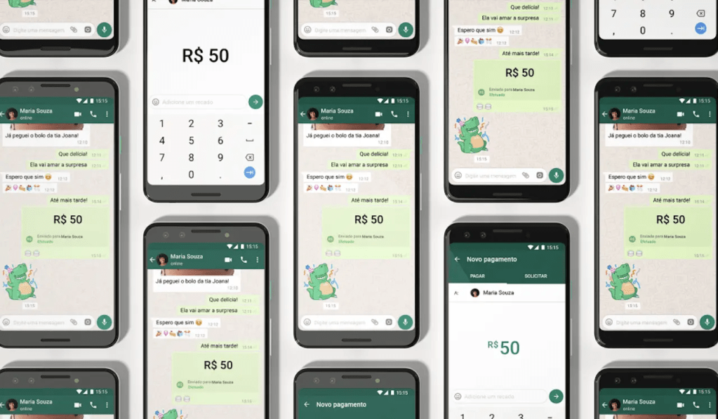 WhatsApp Pay Pagamentos: ilustração digital de diversos celular, um ao lado do outro, com o WhatsApp aberto