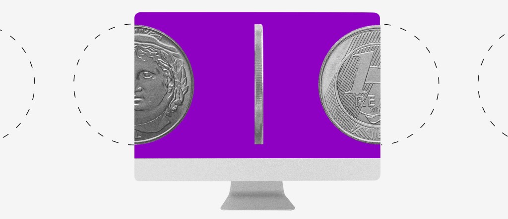 conta salário: ilustração de moedas em um computador roxo