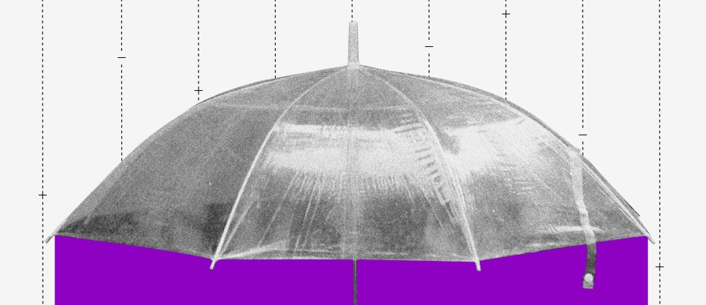 Colagem gráfica com várias linhas paralelas verticais. Elas são interrompidas no meio por um guarda-chuva preto e branco. Embaixo do guarda-chuva a tela fica toda roxa.