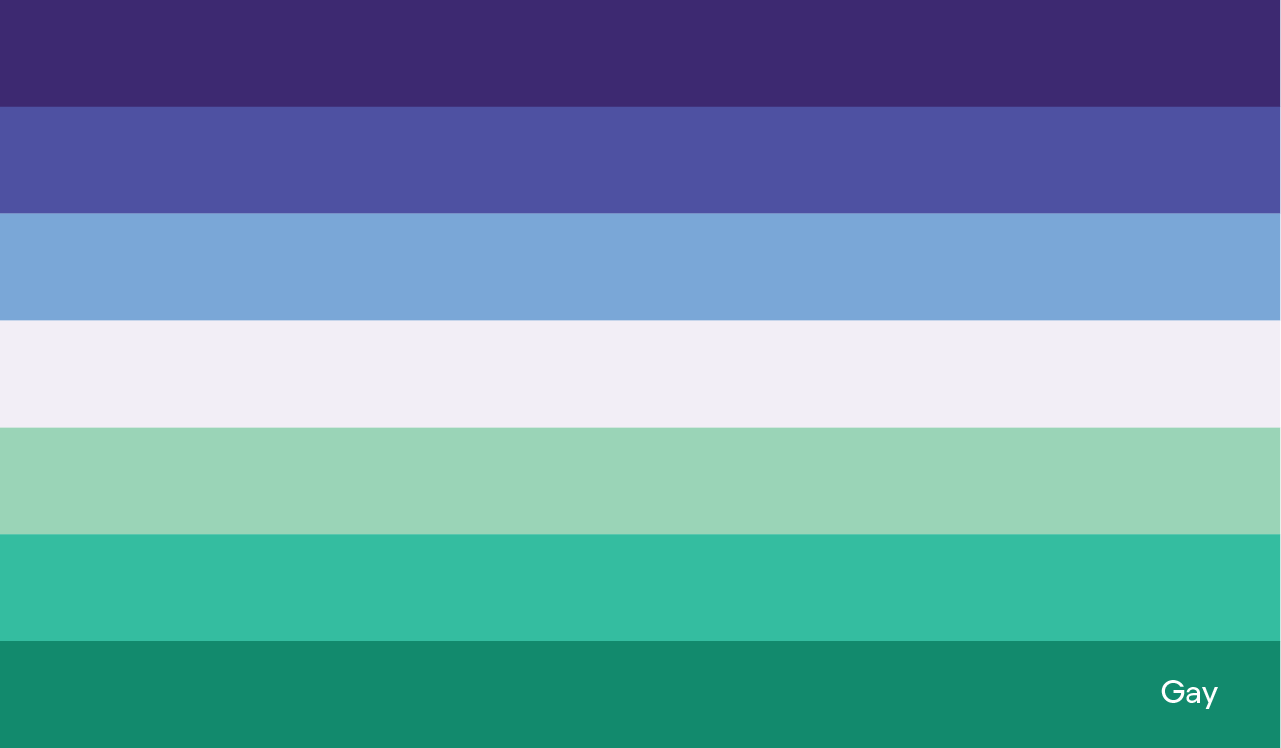 Nosso roxo é de orgulho: imagem da bandeira gay, com a palavra gay no canto inferior direito. A bandeira gay é composta por, de cima para baixo, uma listra listra anil, uma listra azul escuro, uma listra azul clara, uma listra branca, uma listra verde claro, uma listra verde água e uma listra verde escuro