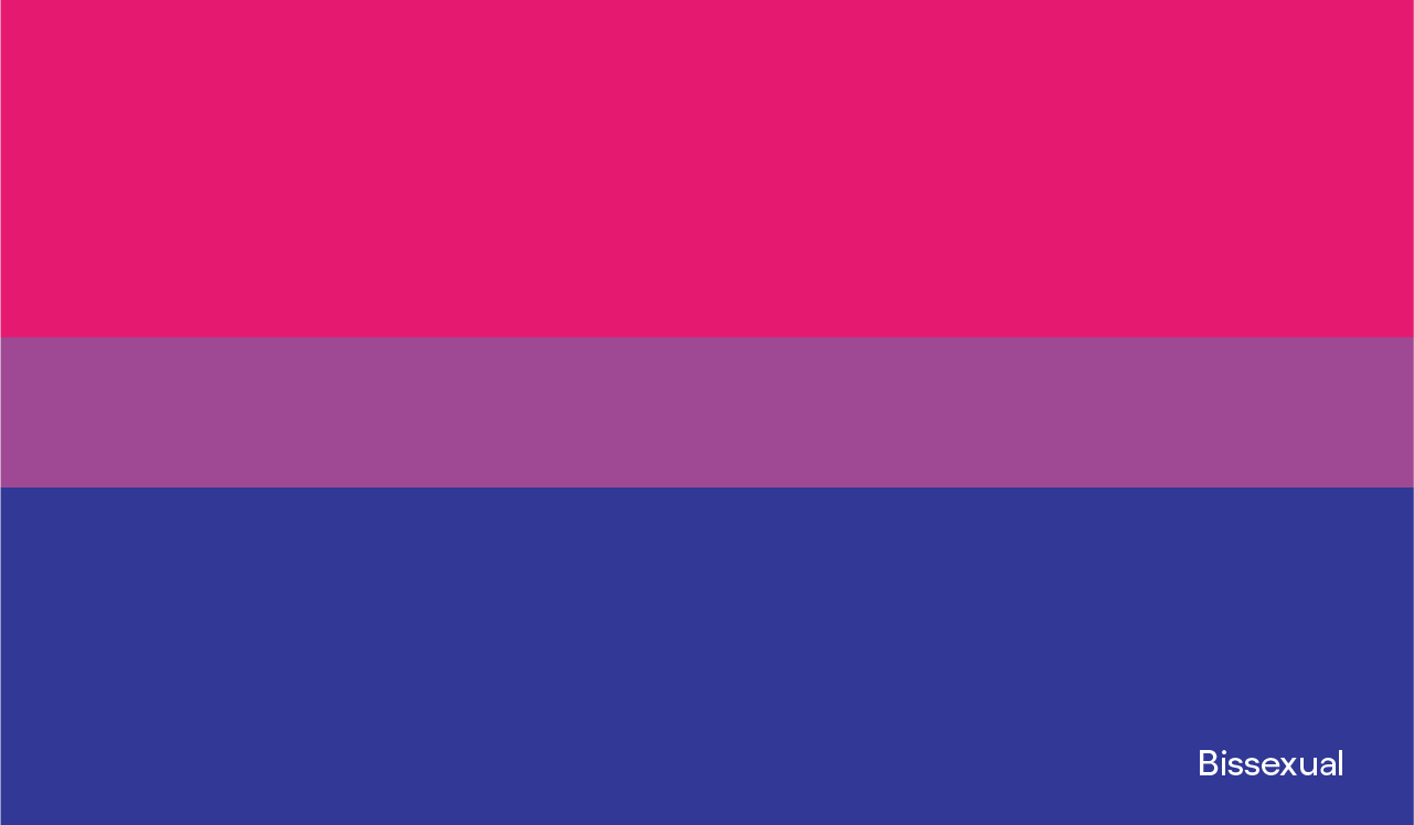 Nosso roxo é de orgulho: imagem da bandeira bissexual, com a palavra bissexual no canto inferior direito. A bandeira bissexual é composta por, de cima para baixo, uma listra magenta, uma listra roxa mais fina e uma listra azul escuro