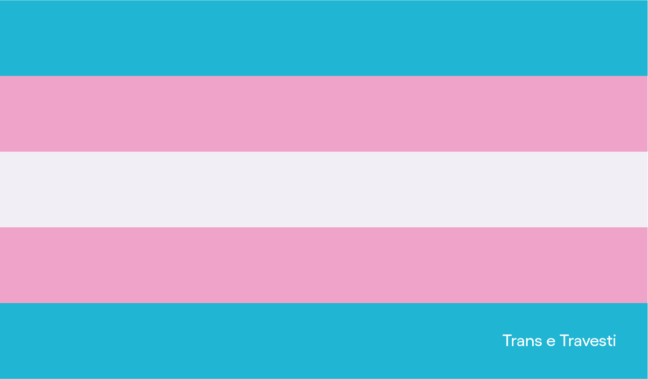 Nosso roxo é de orgulho: imagem da bandeira trans e travesti, com as palavras trans e travesti no canto inferior direito. A bandeira trans e travesti é composta por, de cima para baixo, uma listra azul, uma listra rosa, uma listra branca, uma listra rosa e uma listra azul