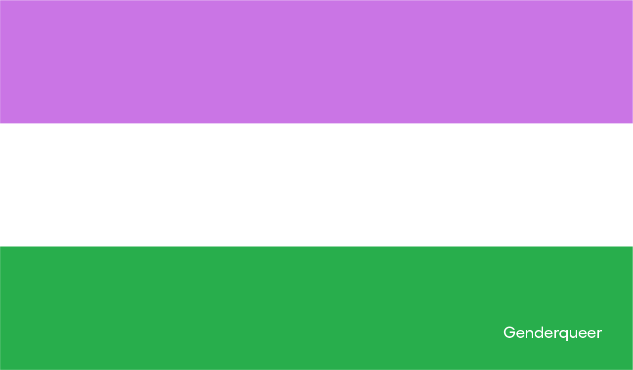 Nosso roxo é de orgulho: imagem da bandeira queer, com a palavra genderqueer no canto inferior direito. A bandeira queer é composta por, de cima para baixo, uma listra lilás, uma listra branca e uma listra verde