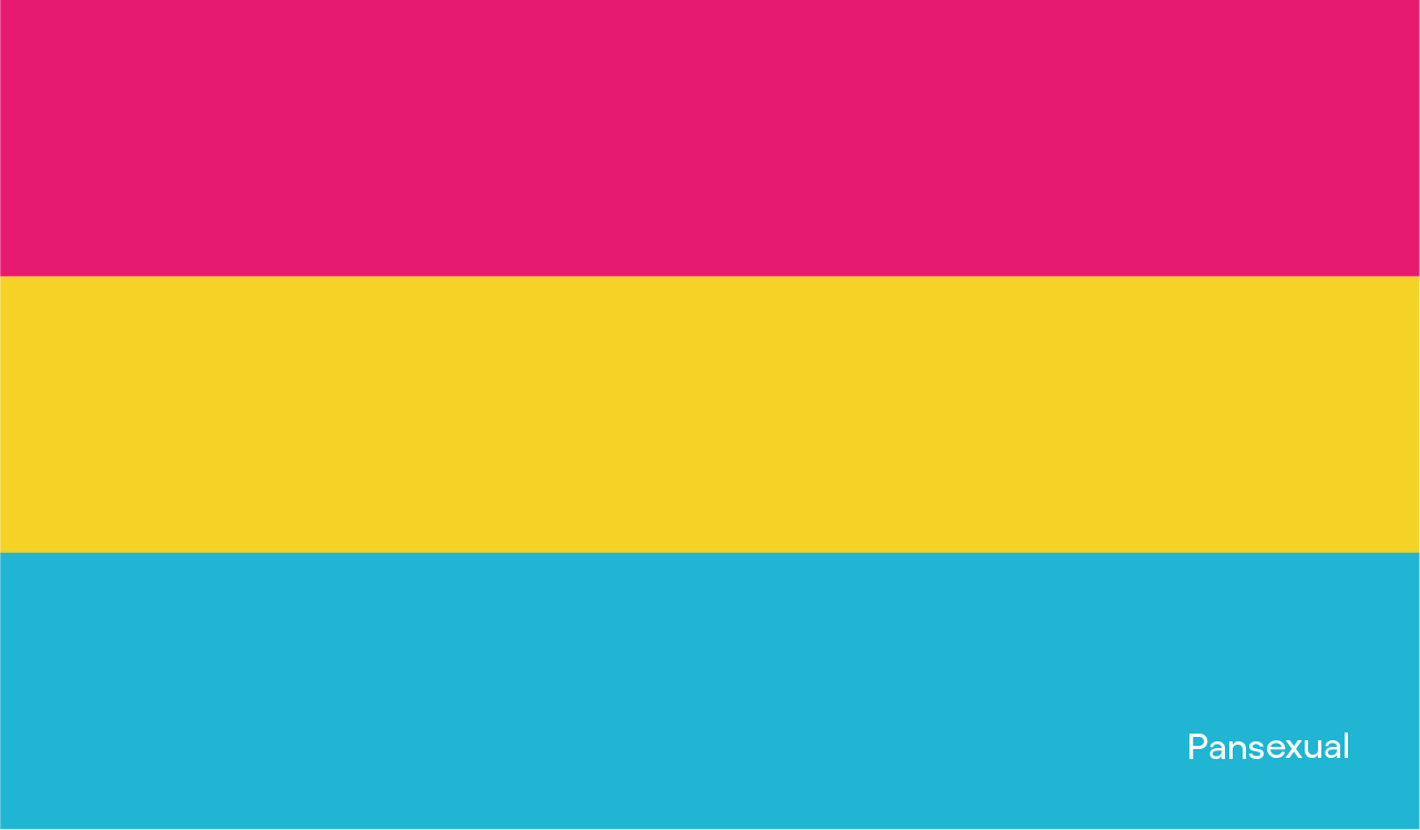 Nosso roxo é de orgulho: imagem da bandeira pansexual, com a palavra pansexual no canto inferior direito. A bandeira pansexual é composta por, de cima para baixo, uma listra magenta, uma listra amarela e uma listra azul.