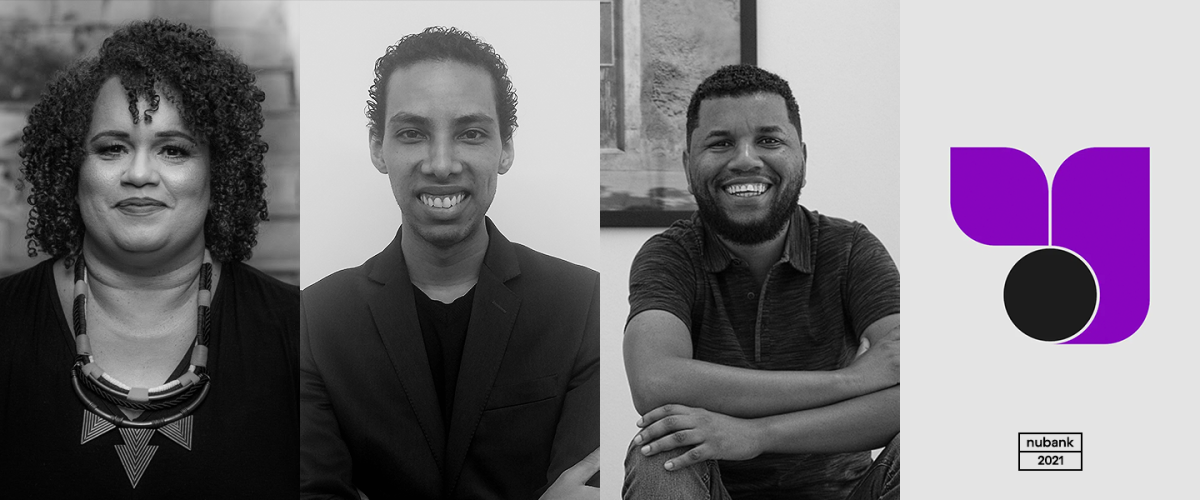 Retratos dos fundadores das três primeiras startups selecionadas pelo Semente Preta Fundo de Investimento. Da esquerda para a direita, Tatiana, Alan e Isaque, e ilustração com o logo do Semente Preta (um círculo preto com formas geométricas roxas que parecem folhas)