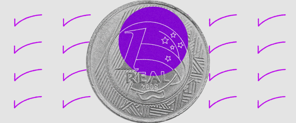 Auxilio emergencial: ilustração de uma moeda de 1 real, com uma bola roxa sobre ela descentralizada. Em torno dela, várias marcas de check roxas.