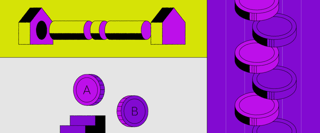 ilustração de duas casas ligadas por um tubo, moedas em tons de roxo na lateral direita e escadas com moedas com as letras A e B mais abaixo.