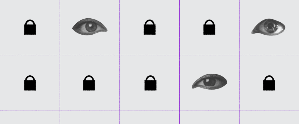 Banco Central anuncia mudanças no Pix: no fundo cinza, colagem de cadeados e olhos organizados no meio de quadrados.