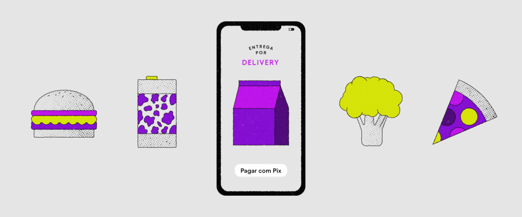 Como pagar o delivery com Pix? Da esquerda para direita: ilustração de um hambúrguer, lata de refrigerante, tela do celular escrito "entrega por delivery" e "pagar com pix", brócolis e uma fatia de pizza, nas cores roxa, amarela, rosa e cinza.