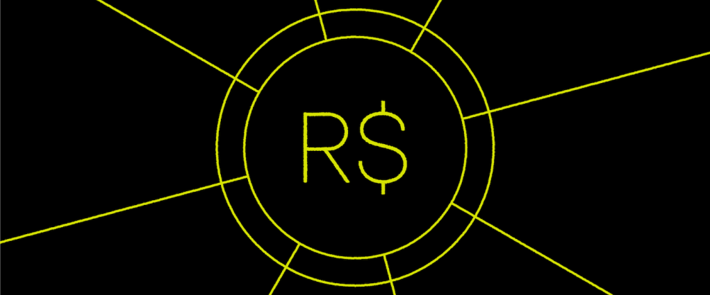 QR Pagador Pix: ilustração de um círculo vazado amarelo, com o símbolo de Real no meio, com linhas saindo para todos os lados no fundo preto.