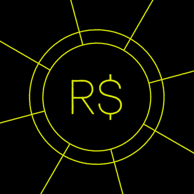 QR Pagador Pix: ilustração de um círculo vazado amarelo, com o símbolo de Real no meio, com linhas saindo para todos os lados no fundo preto.
