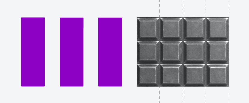 Ilustração de uma barra de chocolate separada em vários quadradinhos. Ao lado dela estão três colunas roxas.