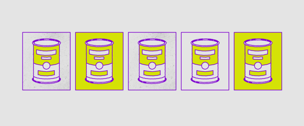 Ilustração de cinco latas de sopa em cores alternadas, com fundo amarelo em branco e linhas roxas