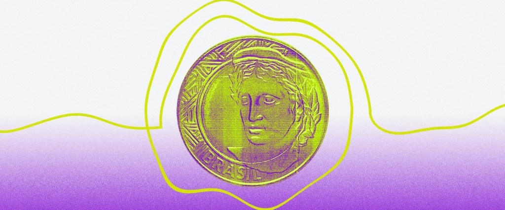 Bolsa de Valores: Ilustração com um fundo que vai mudando em degradé do branco até o roxo. No centro está uma moeda de 1 real dourada. Em volta dela, dois cordões amarelos entram na imagem e saem, fazendo um círculo com a moeda no meio.