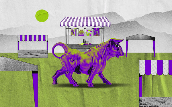 Bolsa de Valores: Ilustração feita com colagens. Cena de um mercado, com vários estandes. No meio do mercado aparece um touro rouxo caminhando