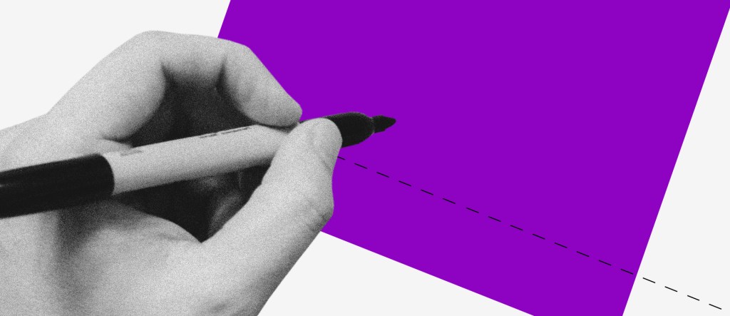 Ilustração de uma mão em preto e branco segurando uma caneta esferográfica preta. Ela leva a caneta a uma linha pontilhada sobre um retângulo roxo.