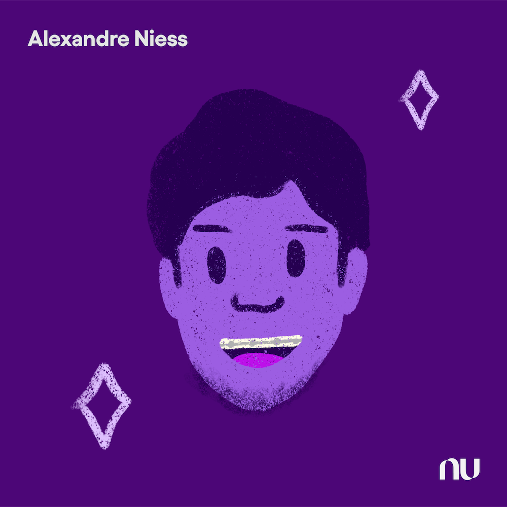 Dia do Cliente: No fundo roxo escuro, ilustração do rosto de Alexandre Niess com o logo do Nu no canto inferior direito e o nome no canto superior esquerdo.