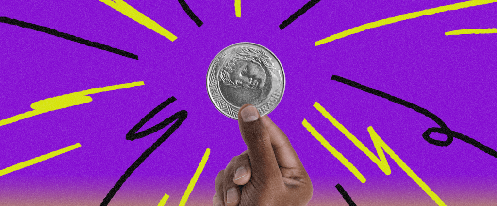 Débito automático: ilustração em fundo roxo com uma moeda de 1 real ao centro, segurada por uma mão humana de uma pessoa preta. Linhas distorcidas em amarelo e preto direcionando a moeda.