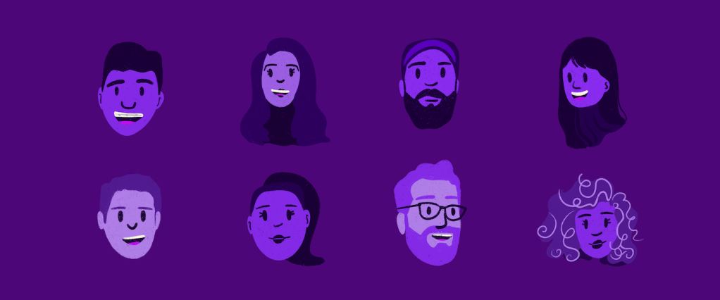 Dia do Cliente 2021 homenagem Nubank: no fundo roxo, ilustração do rosto de oito pessoas, quatro homens e quatro mulheres, espalhados ao longo da imagem.