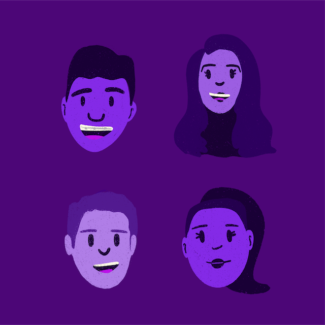 Dia do Cliente 2021 homenagem Nubank: no fundo roxo, ilustração do rosto de oito pessoas, quatro homens e quatro mulheres, espalhados ao longo da imagem.