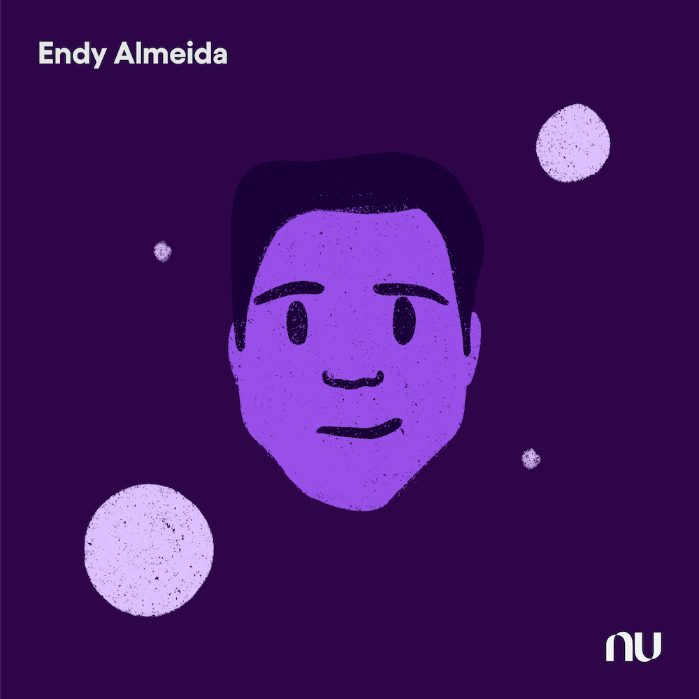 Dia do Cliente: No fundo roxo escuro, ilustração do rosto de Endy Almeida com o logo do Nu no canto inferior direito e o nome no canto superior esquerdo.