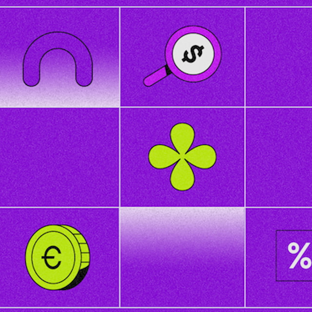 ilustração em tons de roxo, com moeda em euro, lupa com símbolo de dólar, pacotinho com dinheiro e trevo de 4 folhas verde - Fiagro
