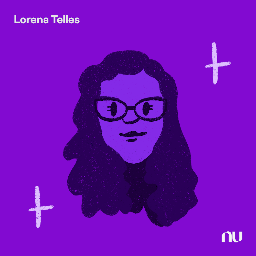 Dia do Cliente: No fundo roxo, ilustração do rosto de Lorena Telles com o logo do Nu no canto inferior direito e o nome no canto superior esquerdo.