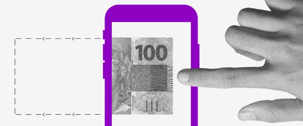 Pix Saque Pix Troco como sacar dinheiro com Pix: imagem de uma nota de cem reais na tela de um celular e uma mão arrastando para o lado