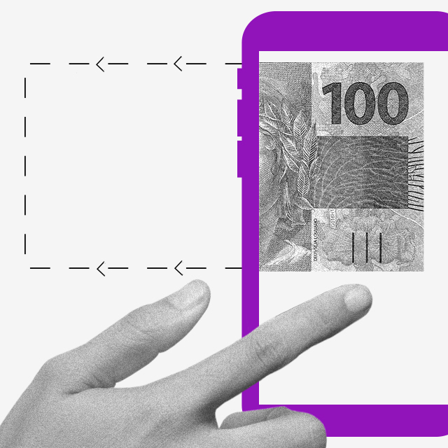Pix Saque Pix Troco como sacar dinheiro com Pix: imagem de uma nota de cem reais na tela de um celular e uma mão arrastando para o lado