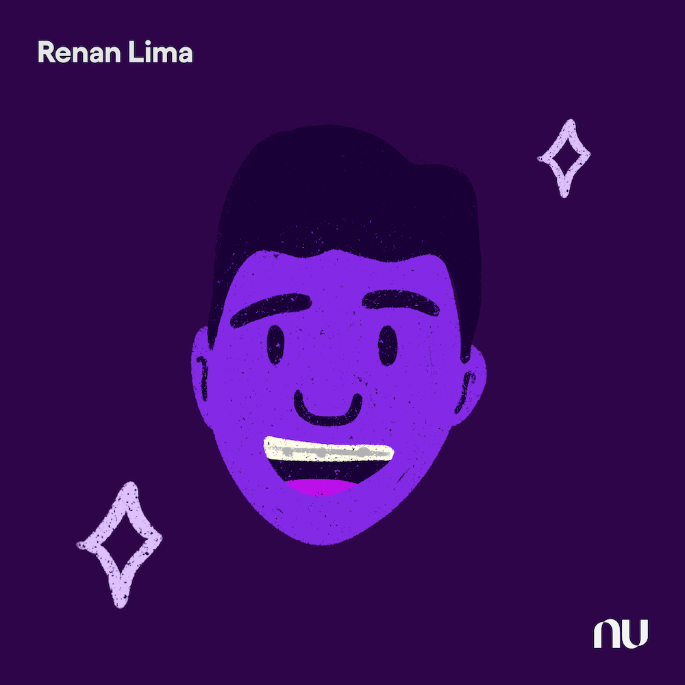 Dia do Cliente: No fundo roxo escuro, ilustração do rosto de Renan Lima com o logo do Nu no canto inferior direito e o nome no canto superior esquerdo.