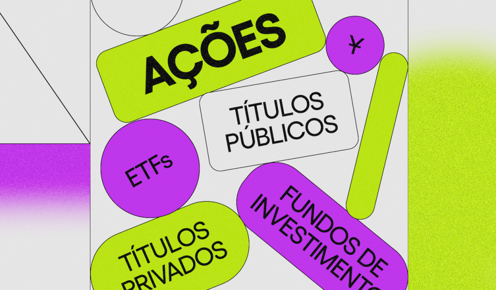 Ilustração com vários polígonos (bola, retangulo etc) com nomes de ativos financeiros escritos dentro: ações, títulos públicos, ETFs, fundos de investimento, títulos privados.