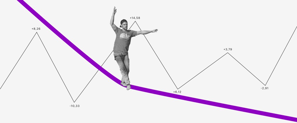 Investir em ações; ações. Imagem mostra homem andando numa espécie de corda bamba roxa com gráficos e números ao fundo que lembram um painel da bolsa de valores.