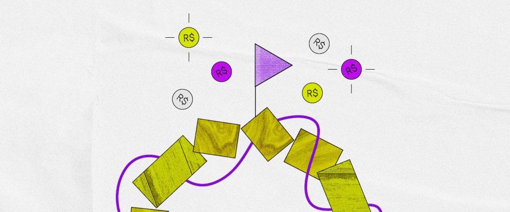 O que é débito automático: ilustração no fundo cinza de retângulos verdes formando um arco, com uma linha roxa passando em volta. No topo do arco, uma bandeirinha roxa e círculos coloridos com o símbolo do real no meio.