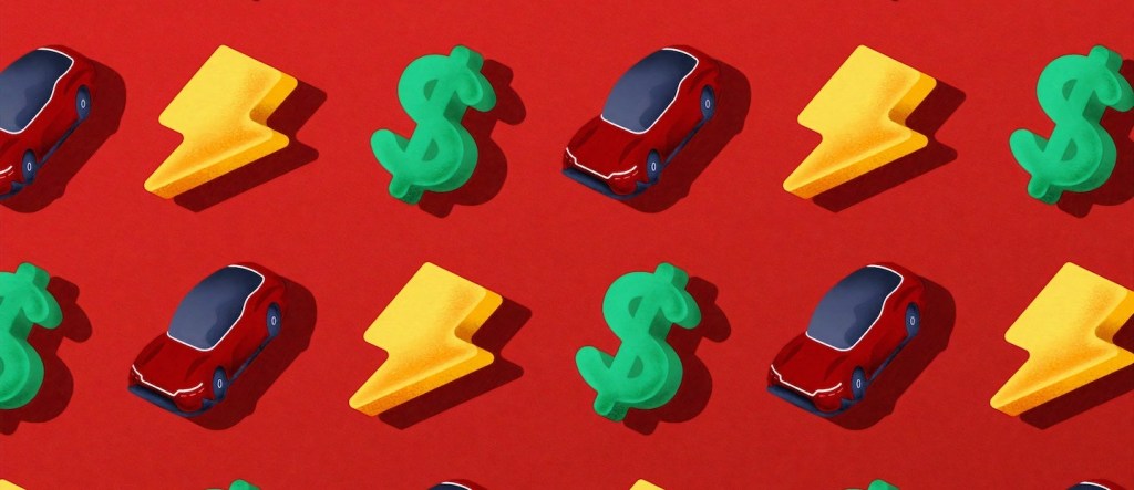 Fundo vermelho com ilustração vista de cima de vários carros vermelhos, cifrões verdes e raios amarelos