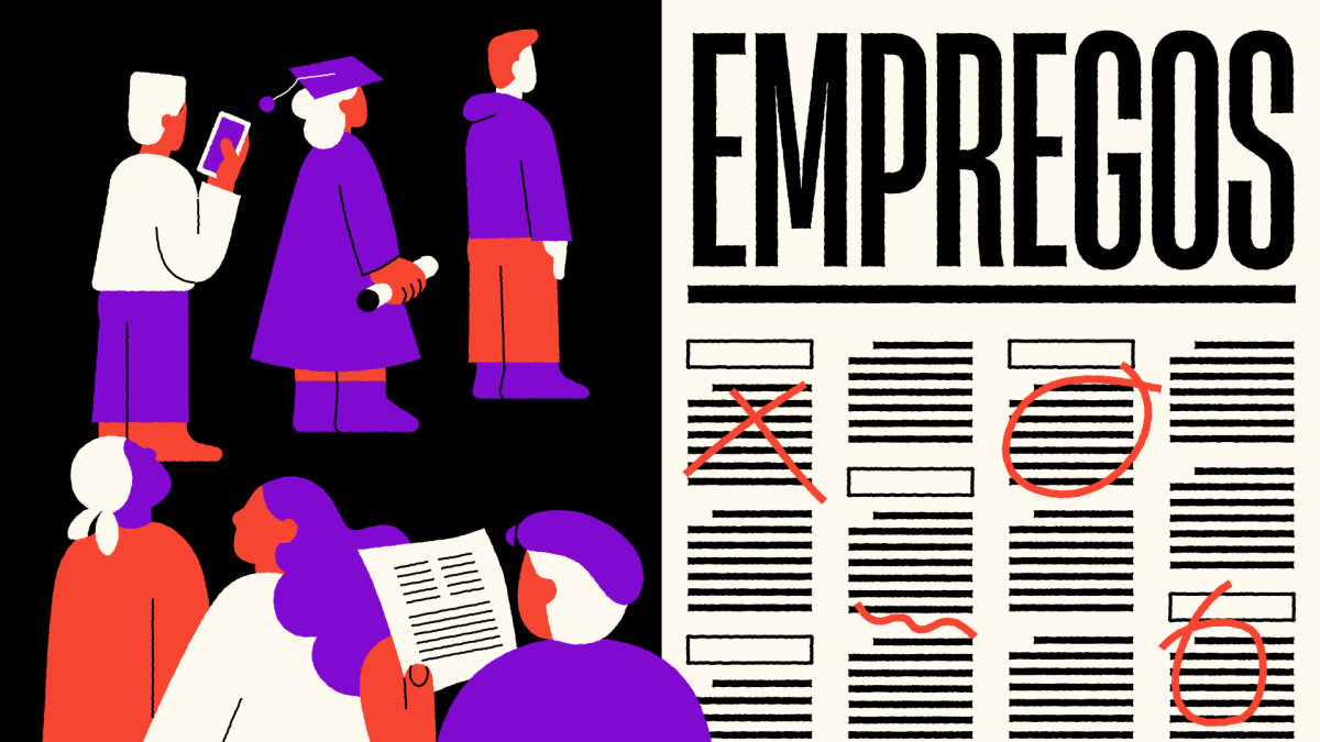 Ilustração de uma fila de pessoas em busca de emprego ao lado de um classificados de empregos de jornal. As pessoas da fila têm corex que misturam vermelho e roxo e carregam itens como jornal, diploma, celular, etc. (Imagem: Lucas Sales/Nubank)