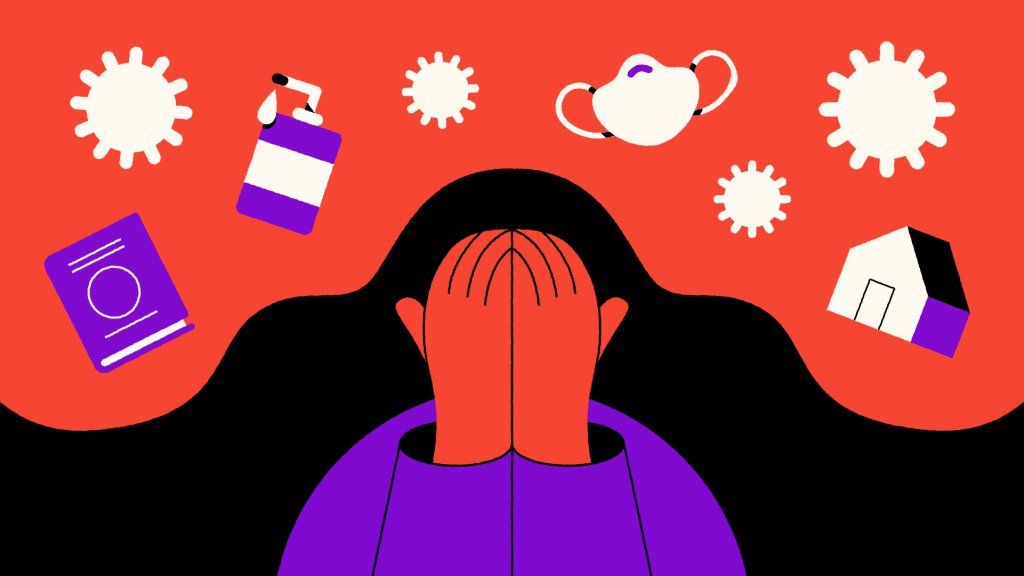 Ilustração de uma mulher com as mãos no rosto, remetendo a tristeza, com alguns itens flutuando no fundo avermelhado: máscara, carteira de trabalho, vírus, casa e álcool gel (Imagem: Lucas Sales/ Nubank)
