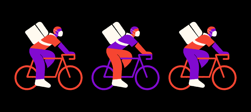 Imagem ilustrada de entregadores de delivery em bicicletas com máscaras e carregando a bolsa térmica. Ilustração: Lucas Sales/ Nubank