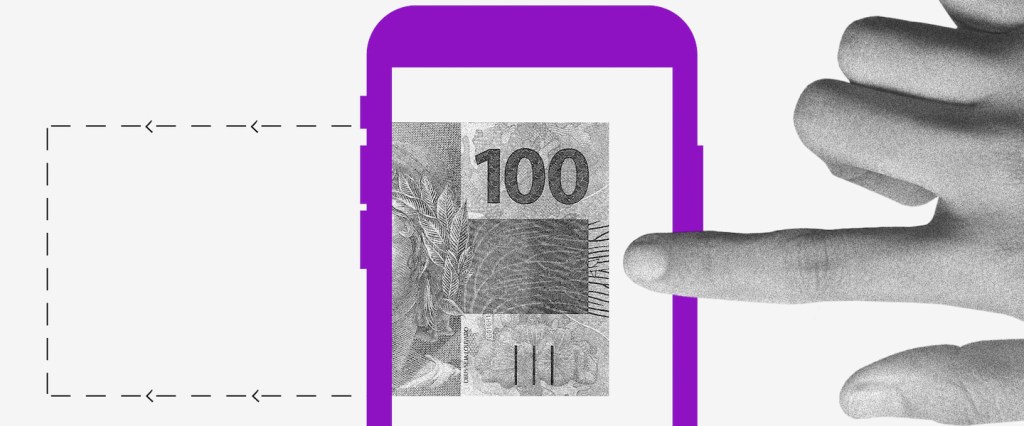 Veja as novas regras para pagamento de boletos. Ilustração de um celular, com uma nota de cem reais na tela e uma mão com dedo indicador em cima da tela.