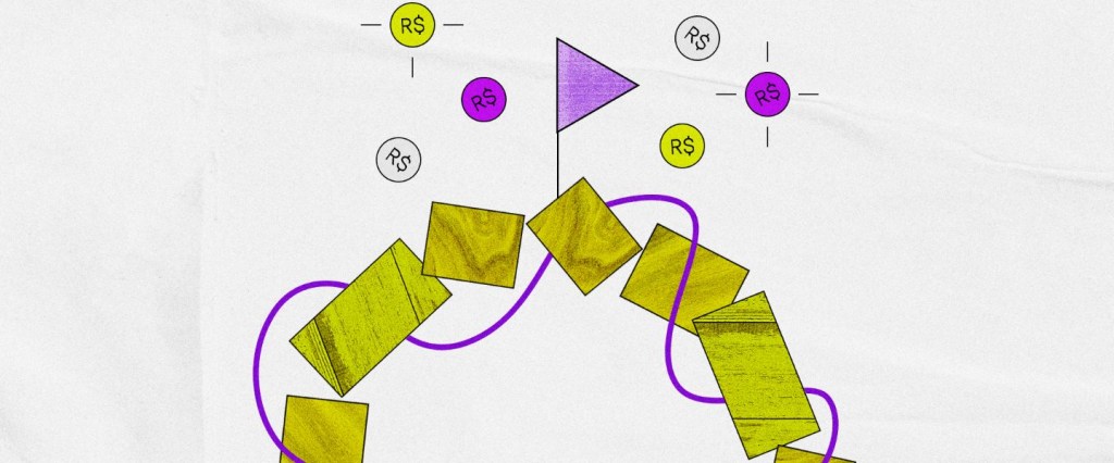 aplicações financeiras: imagem de uma sequência de blocos ligados por um fio e símbolos de real em cima com uma bandeirola roxa. Imagem: Nubank