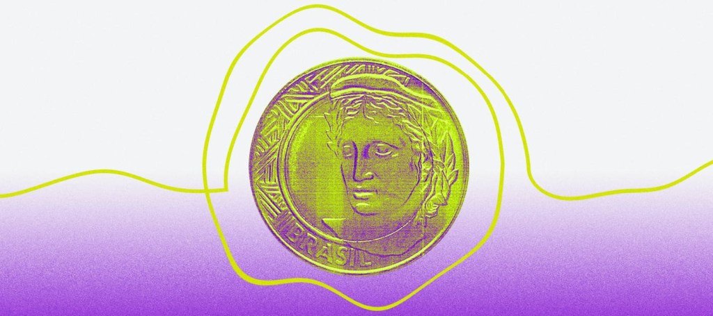 Auxílio Emergencial: ilustração de uma moeda de um real, em com gradiente verde e roxo, com um barbante verde enrolado em sua volta.