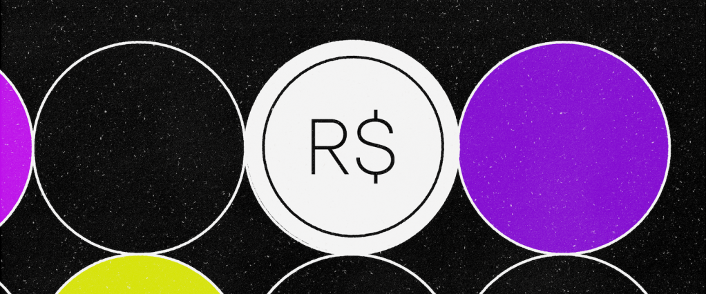 Calendário sétima parcela Auxílio Emergencial 2021: no fundo preto, ilustração de círculos dispostos um ao lado do outro. No centro, um dos círculos está preenchido com a cor branca e, no meio, tem um símbolo do Real: R$. Na imagem também tem um círculo roxo, um rosa e uma amarelo limão.