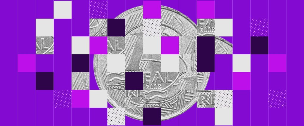 Ilustração sobre moeda de um real em que quadrados de variados tons de roxo se sobrepõem à imagem da moeda como em uma colagem