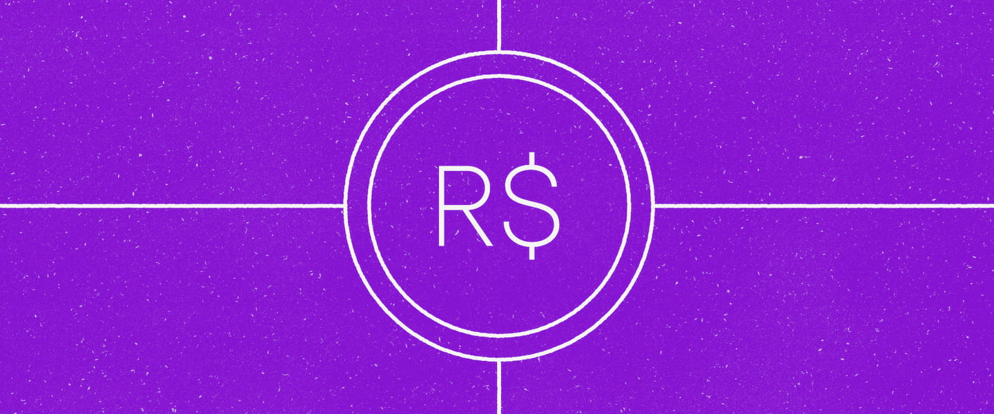 ilustração com o fundo roxo e um círculo com o símbolo de R$ no centro