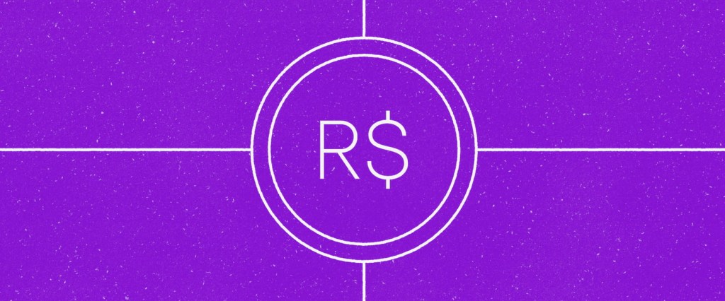 ilustração com o fundo roxo e um círculo com o símbolo de R$ no centro