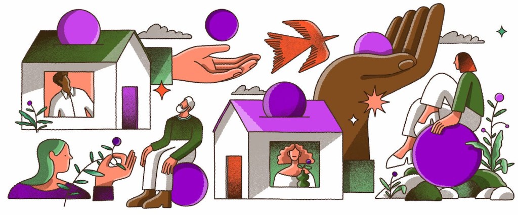 ilustração colorida com uma mulher dentro de uma casa, um a mão, um pássaro e um homem sentado em uma bola roxa.