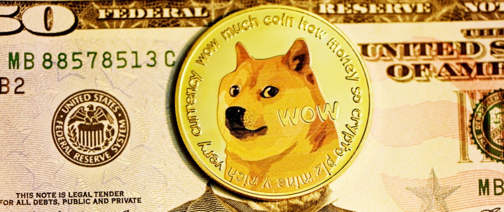 imagem mostra moeda com cachorro Shiba estampado sobre uma nota de dólar.