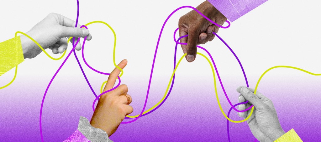 ilustração de 4 mãos tocando fios roxos e amarelos