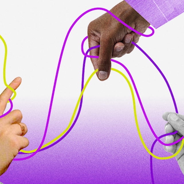 ilustração de 4 mãos tocando fios roxos e amarelos