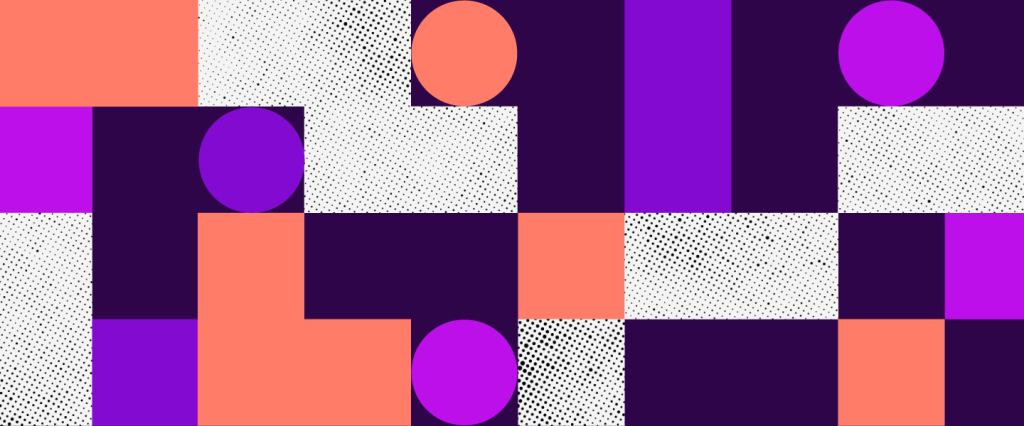 Nubank lança calculadora para ajudar a sair do vermelho. Ilustração de diferentes figuras geométricas nas cores preta, laranja, lilás e roxo em fundo cinza.